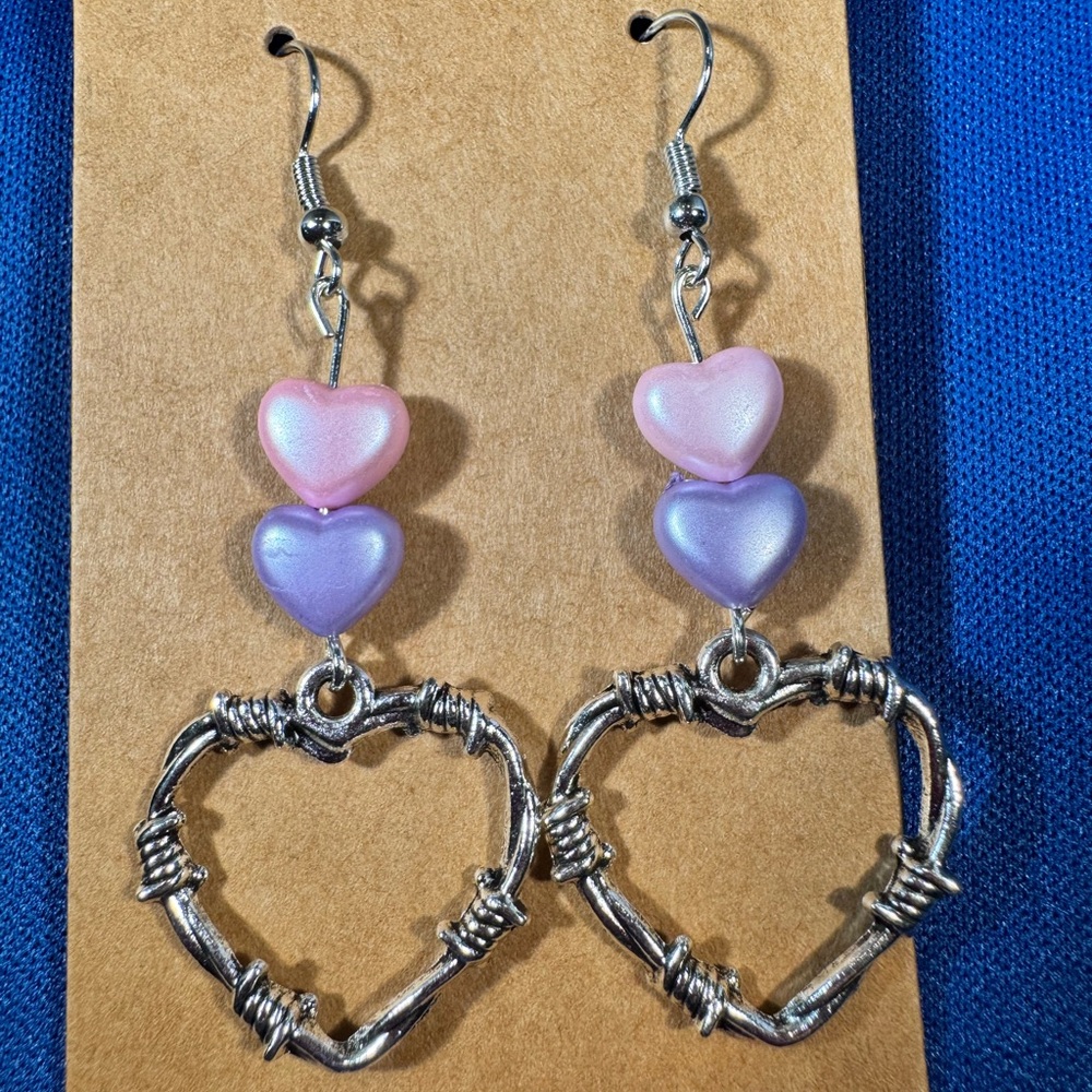 Pink and Purple Heart Dangle Earrings